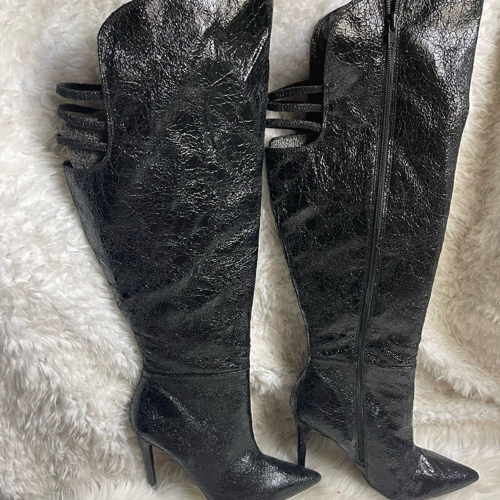 Izabella Rue Salena  synthetic black crinkle over the knee heels boots size 9.5